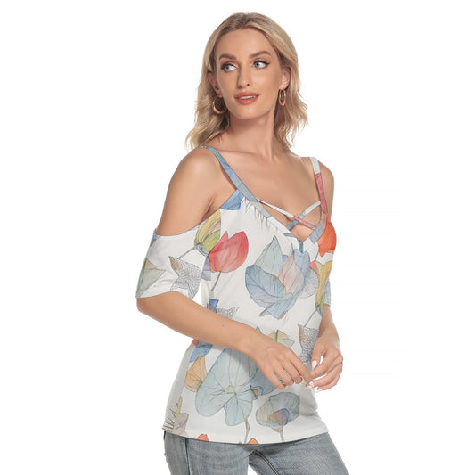 All-Over Print Women's Cold Shoulder T-shirt With Criss Cross Strips