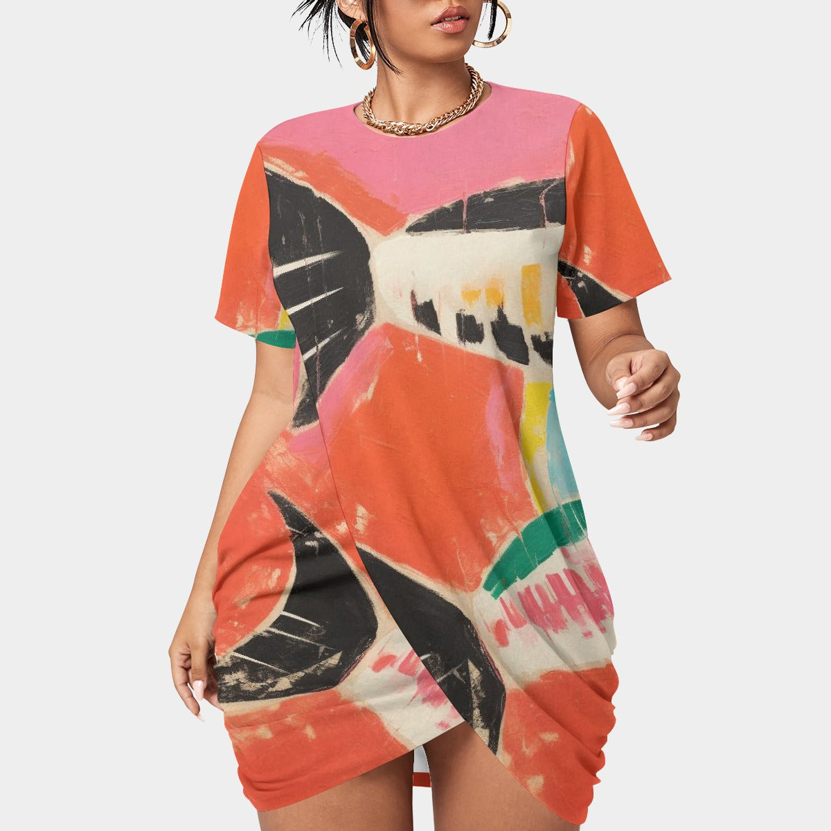 All-Over Print Women’s Stacked Hem Dress With Short Sleeve（Plus Size）