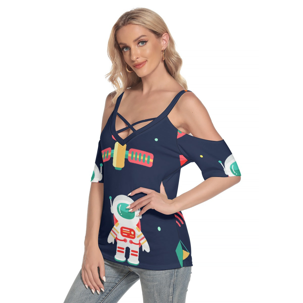 All-Over Print Women's Cold Shoulder T-shirt With Criss Cross Strips