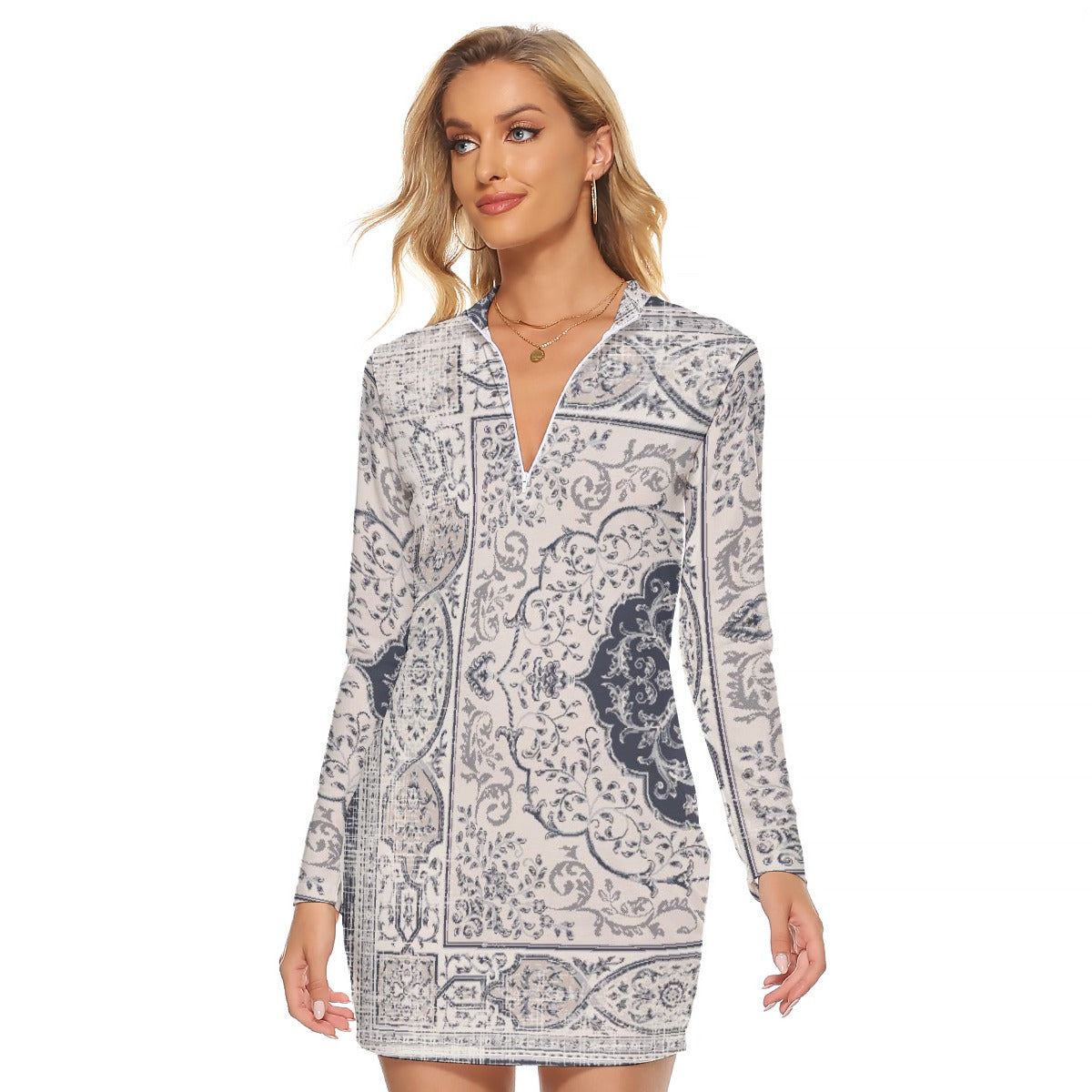 All-Over Print Women's Zip Front Tight Dress