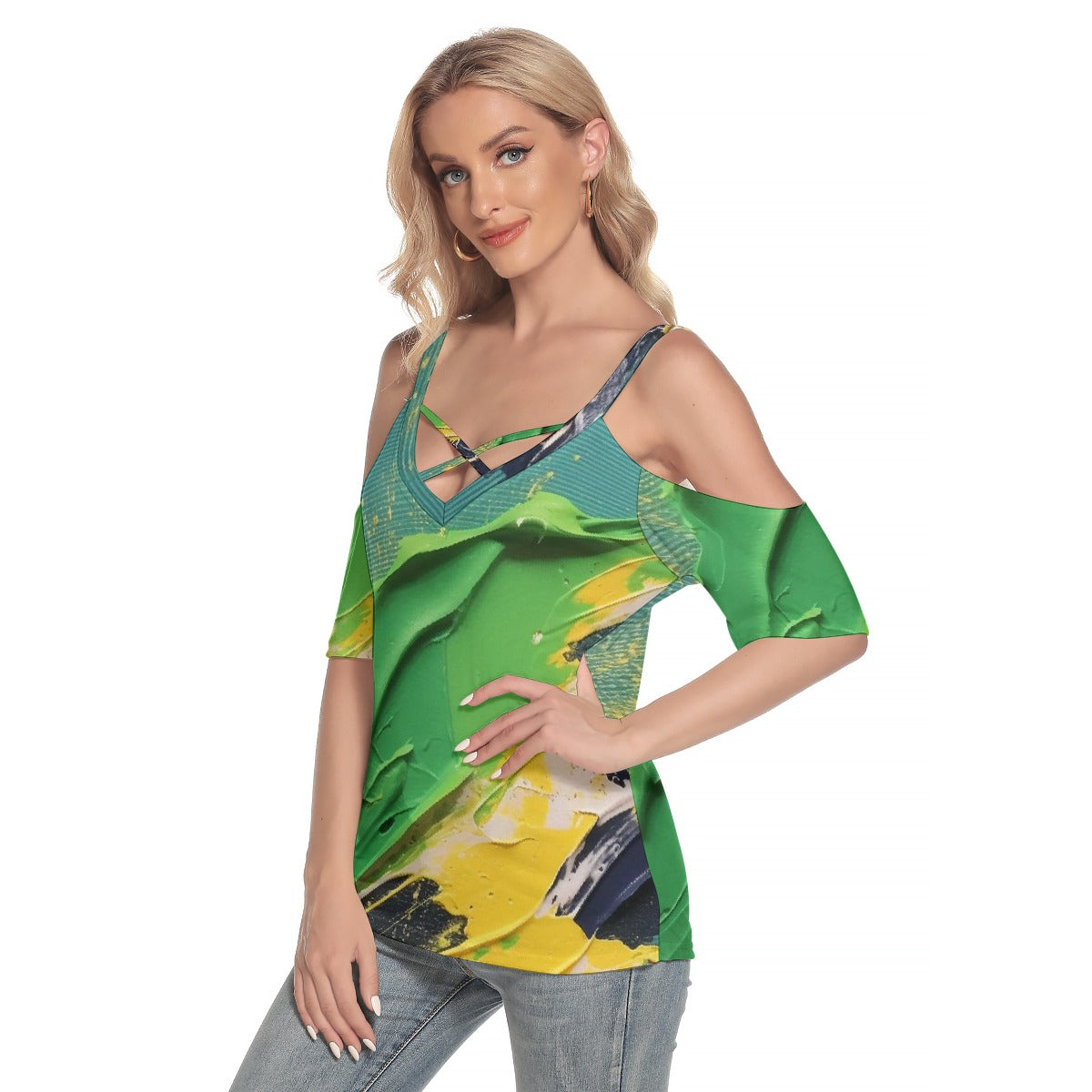 All-Over Print Women's Cold Shoulder T-shirt With Criss Cross Strips