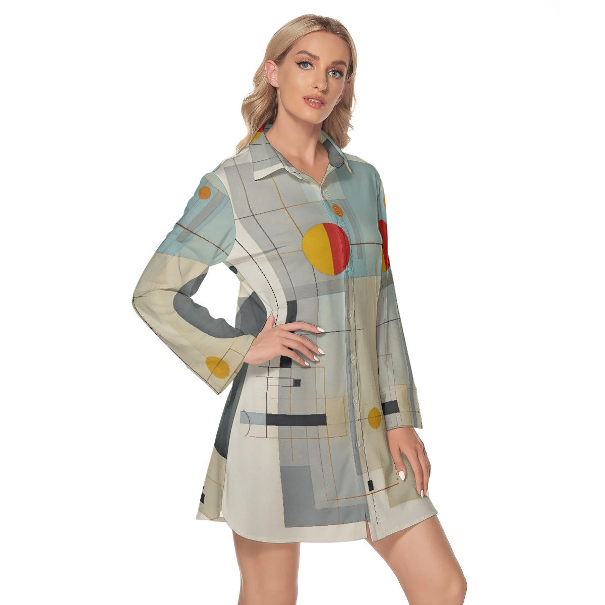 All-Over Print Women's Lapel Shirt Dress With Long Sleeve