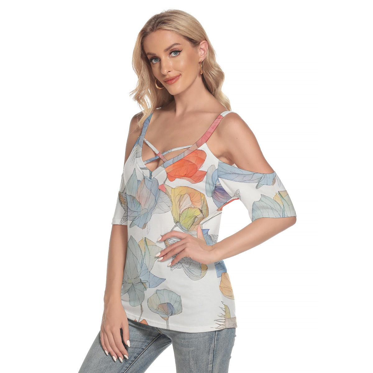 All-Over Print Women's Cold Shoulder T-shirt With Criss Cross Strips