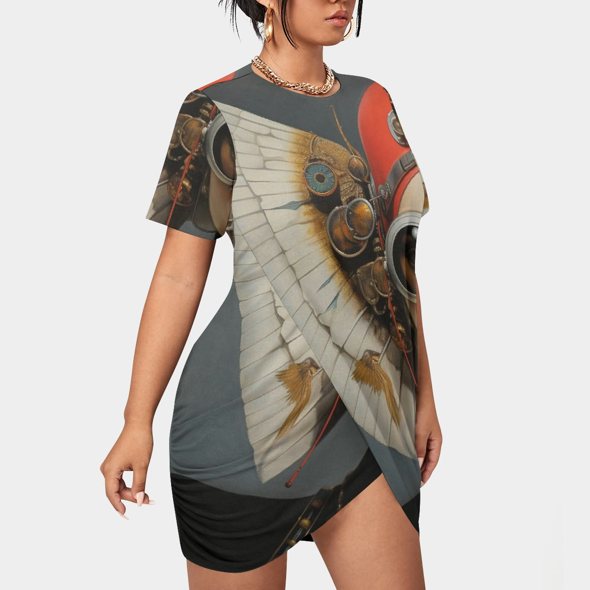 All-Over Print Women’s Stacked Hem Dress With Short Sleeve（Plus Size）