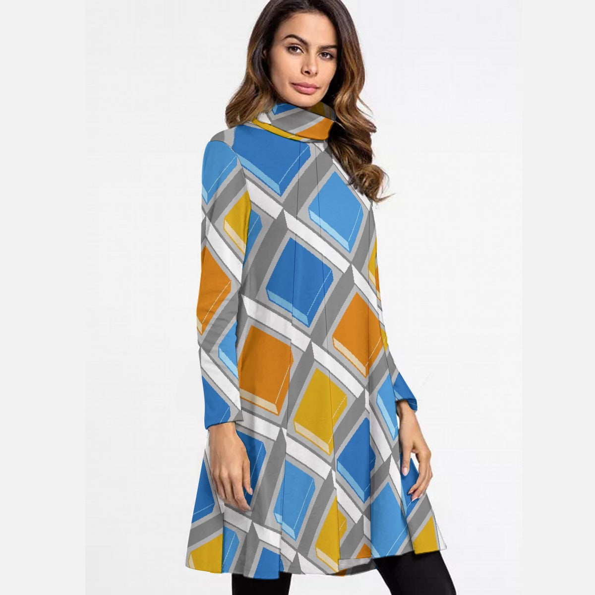 All-Over Print Women's High Neck Dress With Long Sleeve