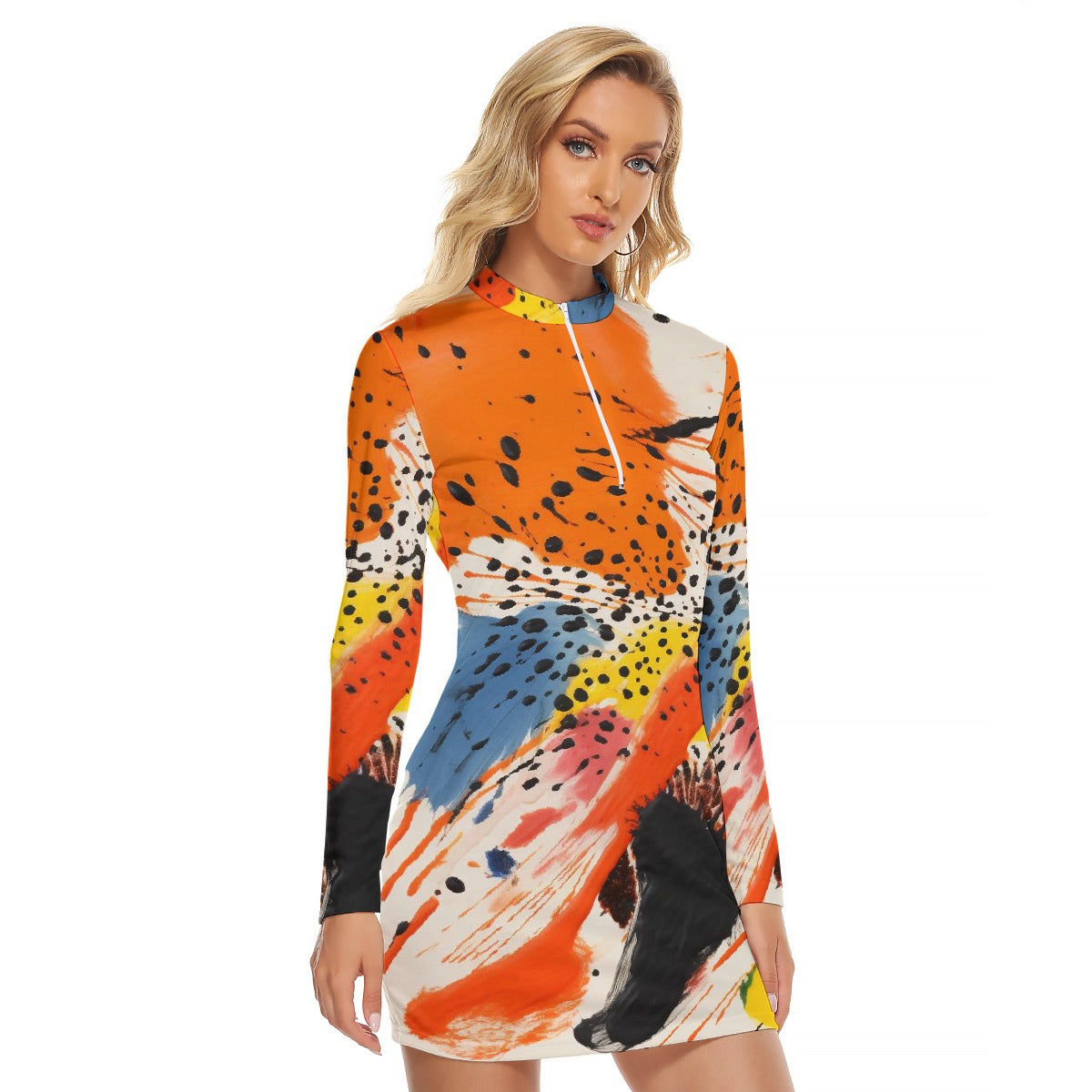 All-Over Print Women's Zip Front Tight Dress