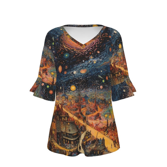 All-Over Print V-neck Women's T-shirt With Bell Sleeve