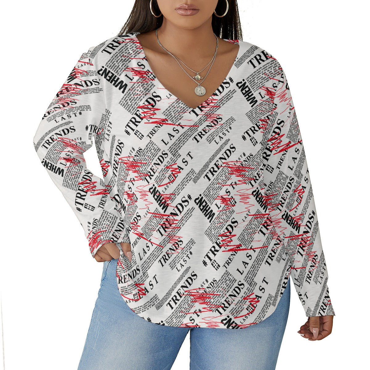 All-Over Print Women's V-neck T-shirt With Curved Hem(Plus Size)