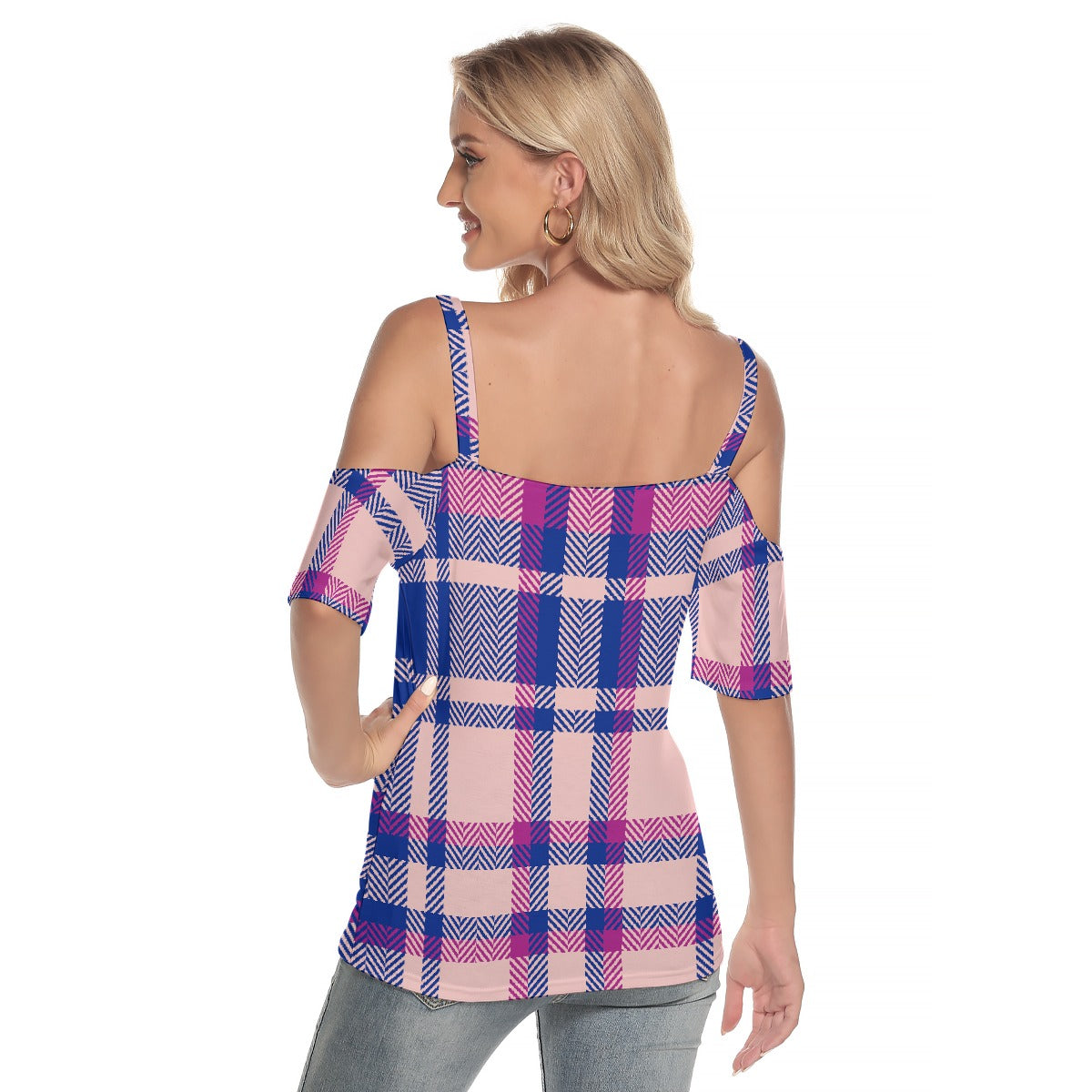 All-Over Print Women's Cold Shoulder T-shirt With Criss Cross Strips