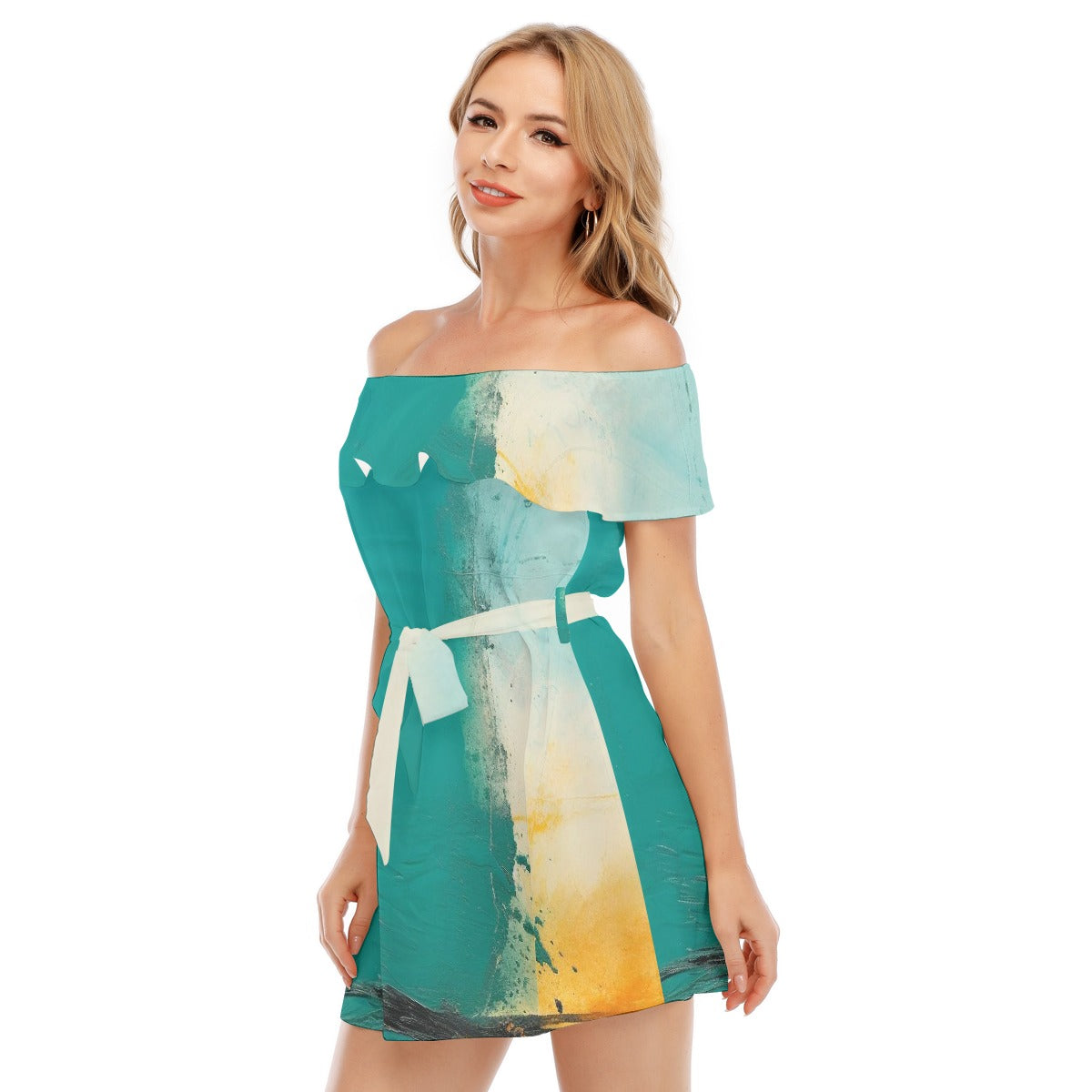 All-Over Print Women's Off-shoulder Dress With Ruffle