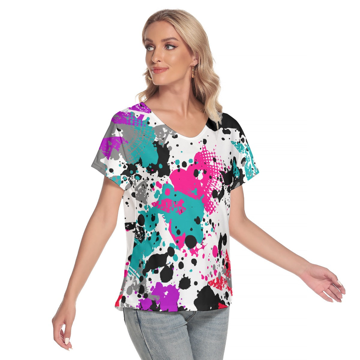 All-Over Print Women's Loose V-neck Short Sleeve T-shirt