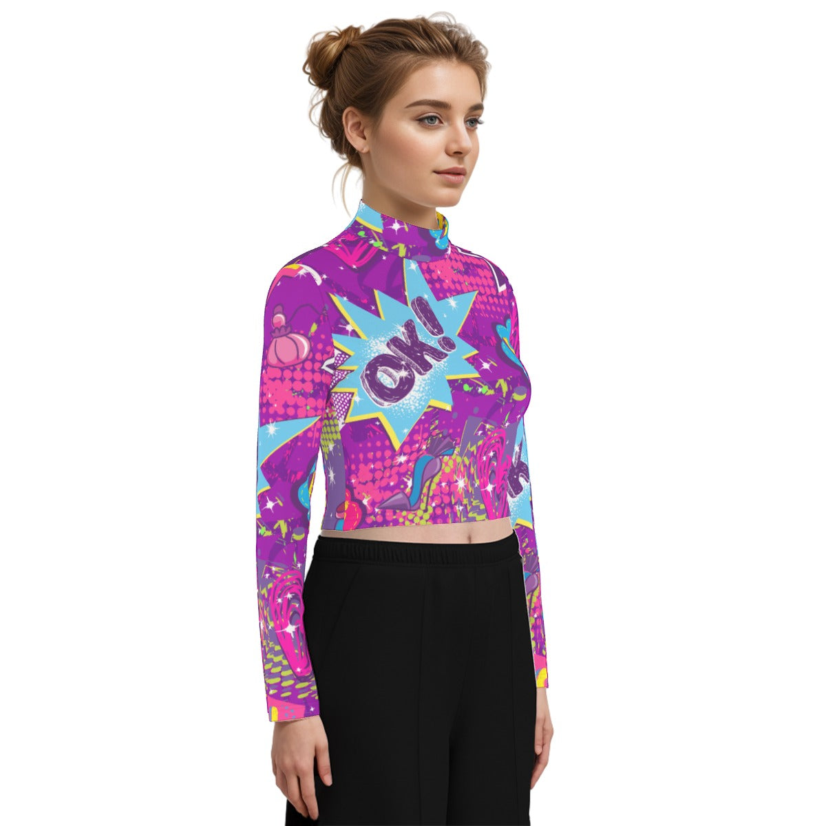 Eco-Friendly All-Over Print Women's Turtleneck T-shirt With Long Sleeve