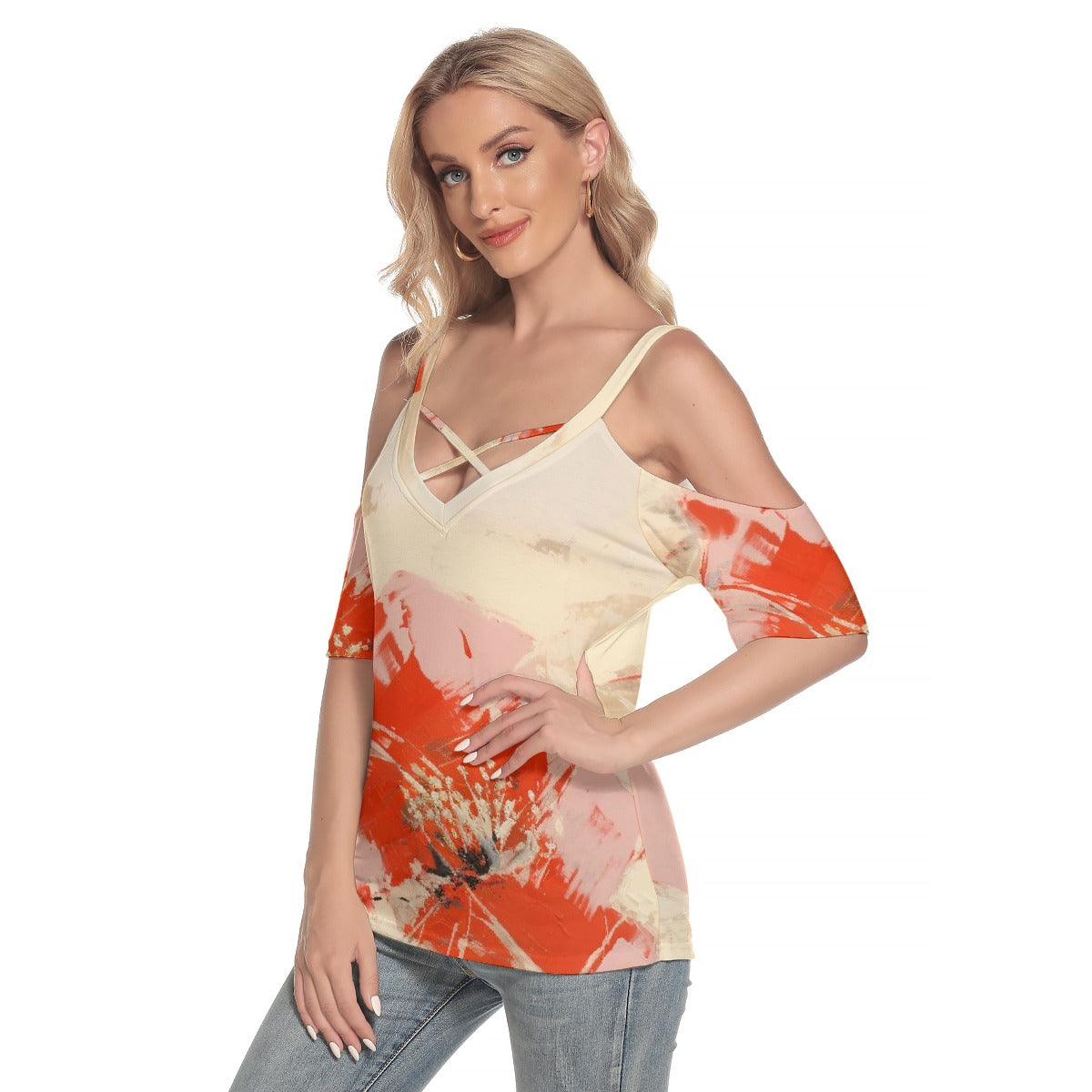 All-Over Print Women's Cold Shoulder T-shirt With Criss Cross Strips