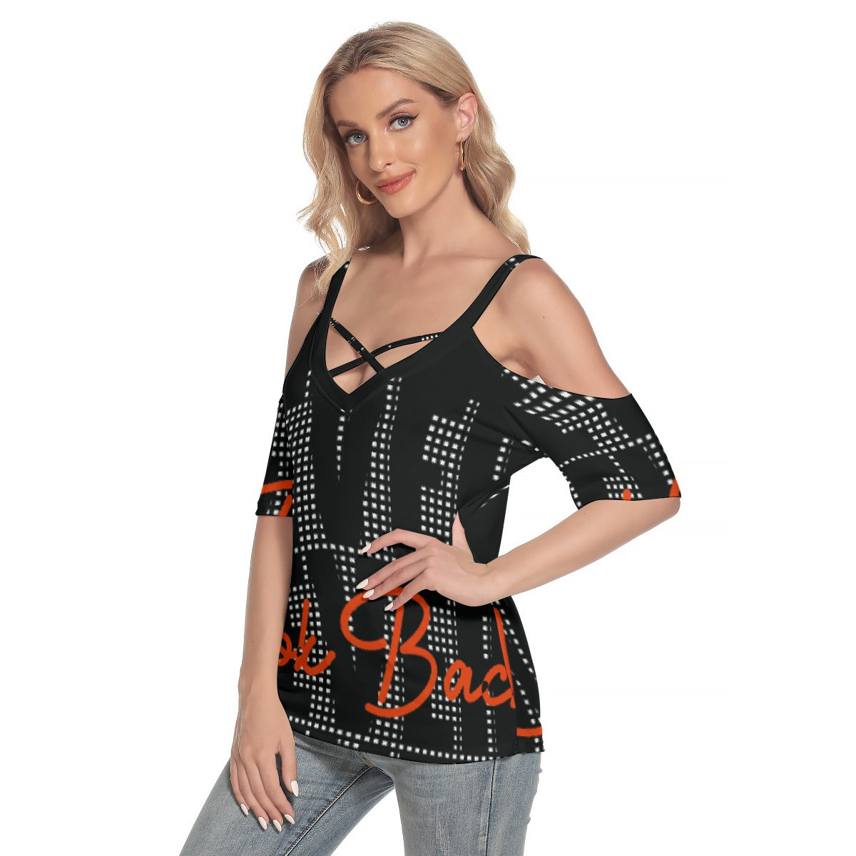 All-Over Print Women's Cold Shoulder T-shirt With Criss Cross Strips