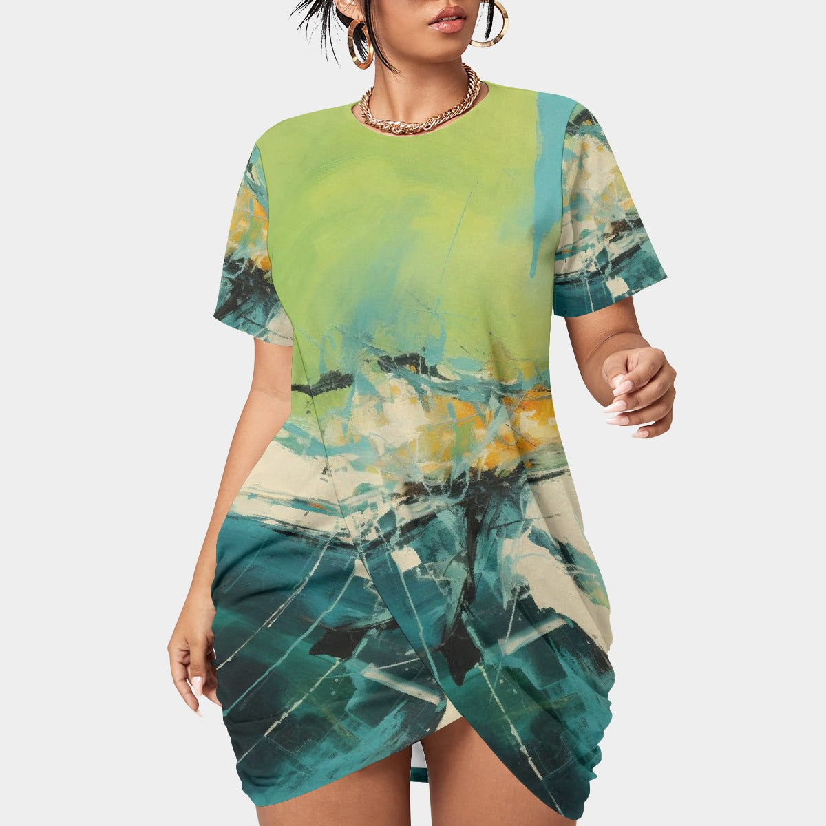 All-Over Print Women’s Stacked Hem Dress With Short Sleeve（Plus Size）