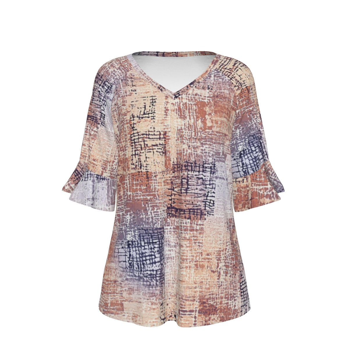 All-Over Print V-neck Women's T-shirt With Bell Sleeve