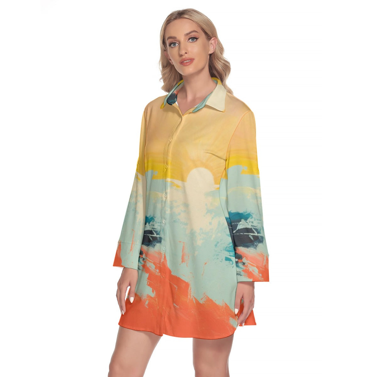 All-Over Print Women's Lapel Shirt Dress With Long Sleeve