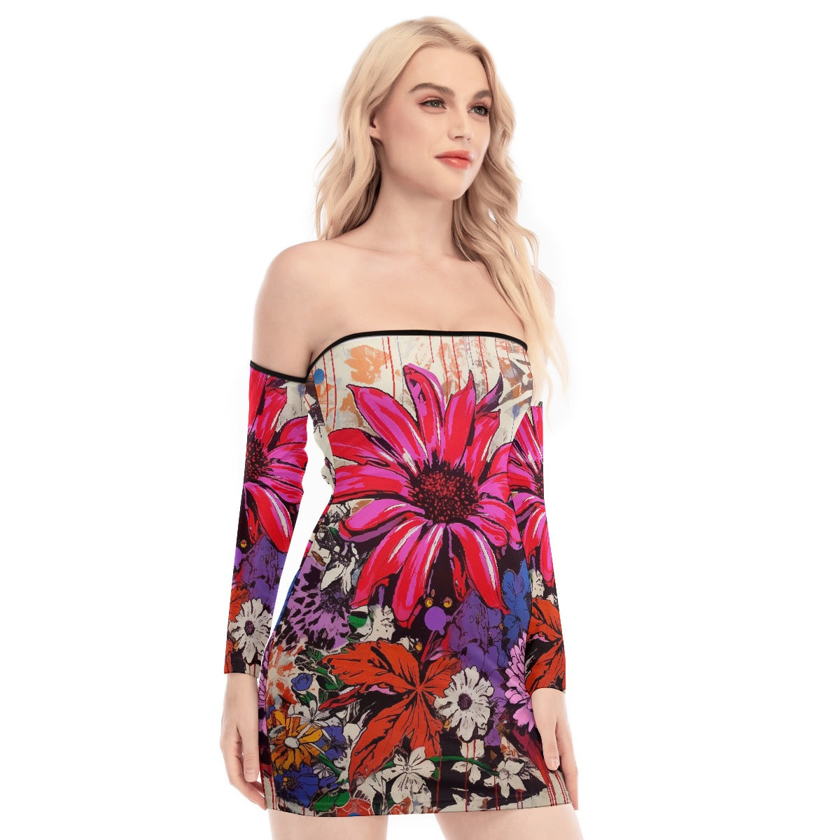 All-Over Print Women's Off-shoulder Back Lace-up Dress