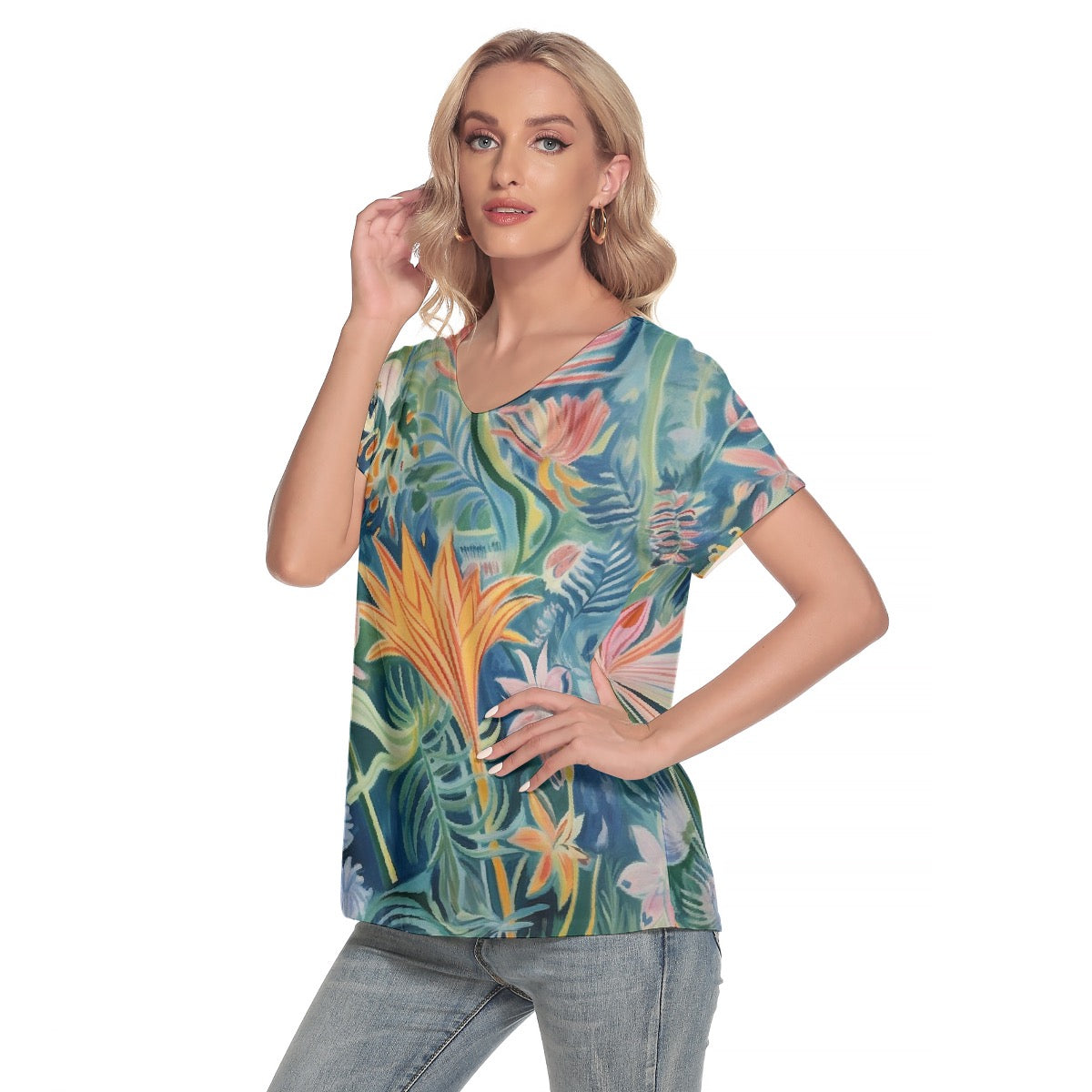 All-Over Print Women's Loose V-neck Short Sleeve T-shirt