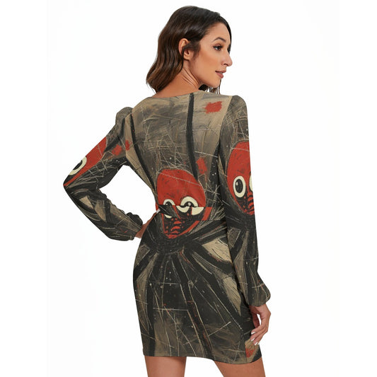 All-Over Print Women's Long Sleeve Dress With Waist Belt