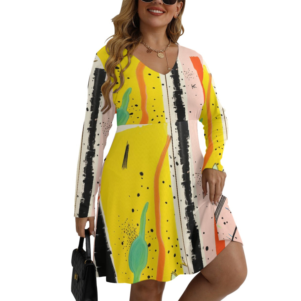 All-Over Print Women's V-neck Long Sleeve Dress(Plus Size)