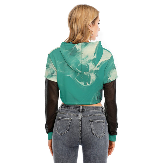 All-Over Print Women's Fake Two-piece Mesh Sleeve Cropped Hoodie