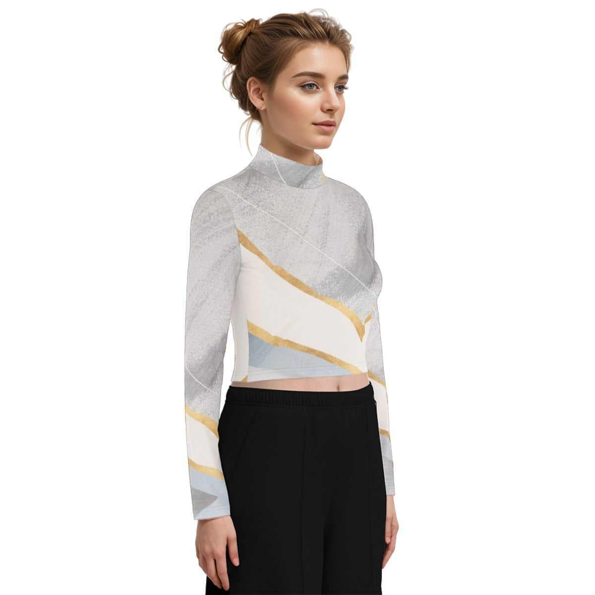 Eco-Friendly All-Over Print Women's Turtleneck T-shirt With Long Sleeve