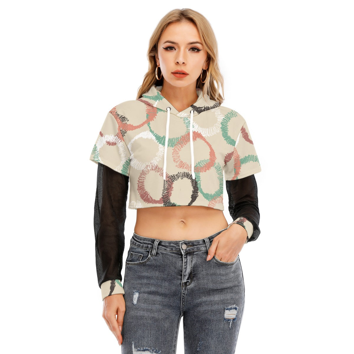 All-Over Print Women's Fake Two-piece Mesh Sleeve Cropped Hoodie