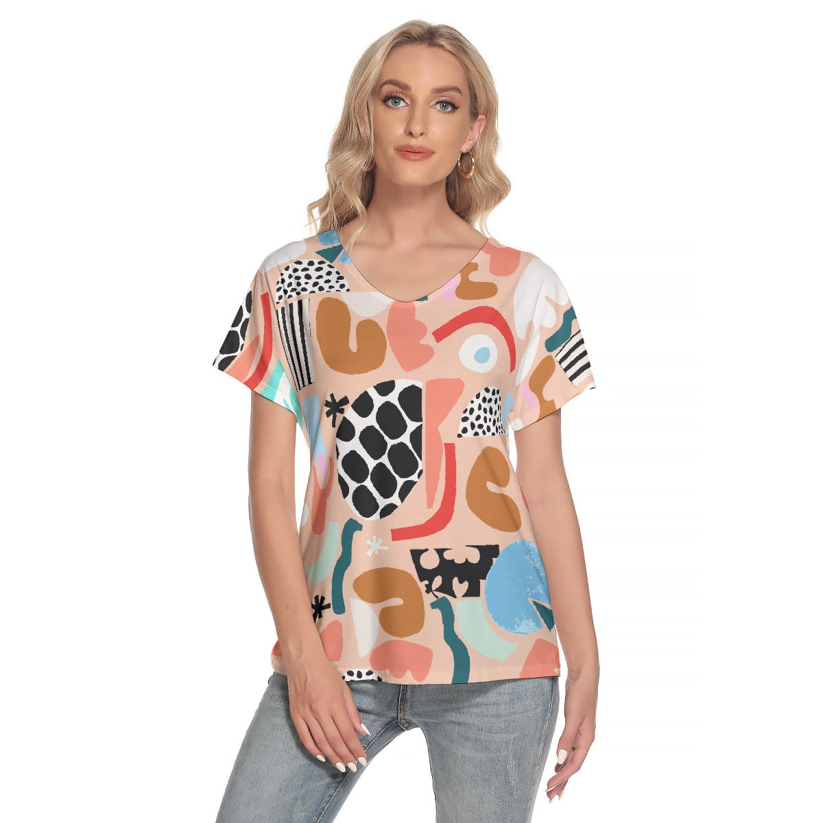 All-Over Print Women's Loose V-neck Short Sleeve T-shirt