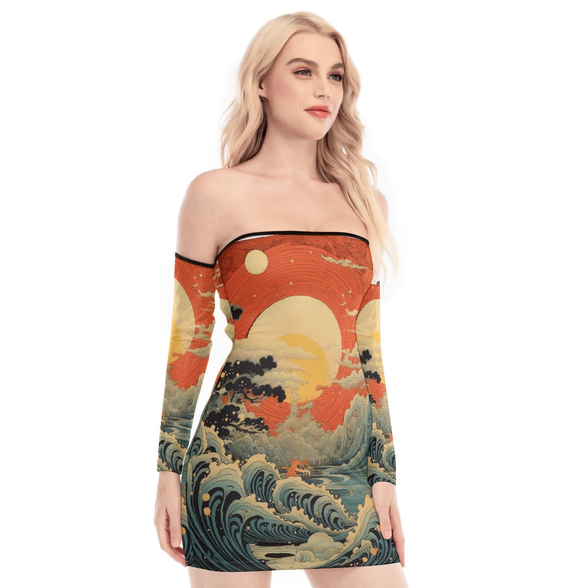 All-Over Print Women's Off-shoulder Back Lace-up Dress