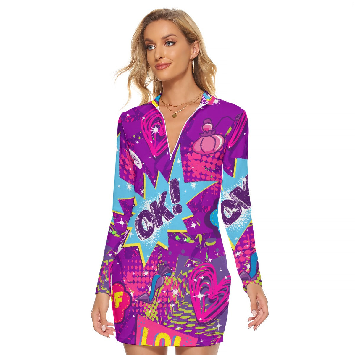 All-Over Print Women's Zip Front Tight Dress