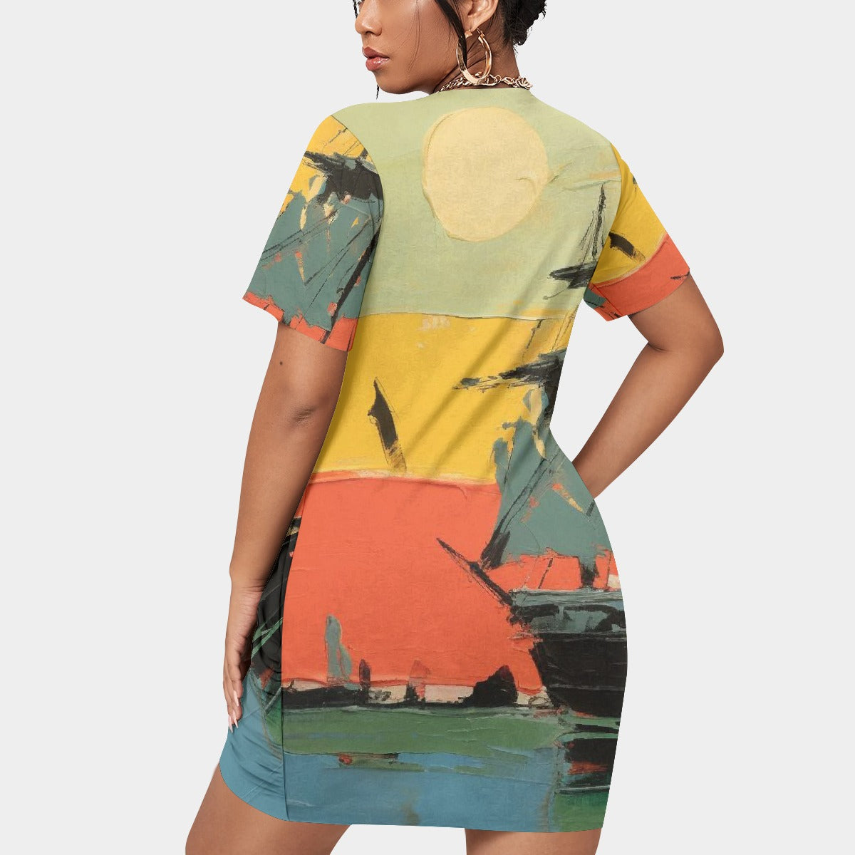 All-Over Print Women’s Stacked Hem Dress With Short Sleeve（Plus Size）