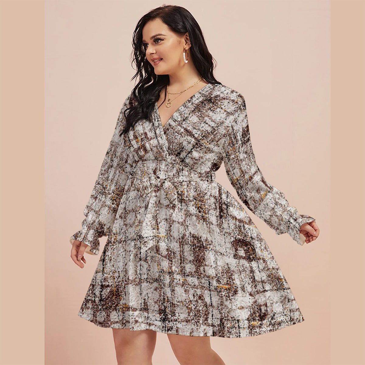 All-Over Print Women's V-neck Dress With Waistband(Plus Size)