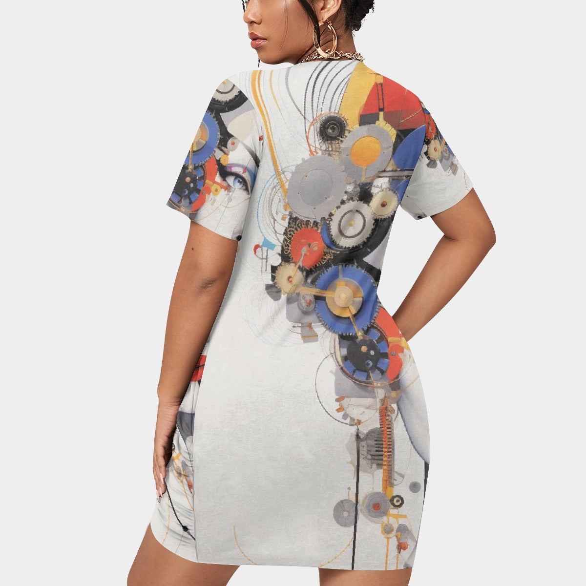 All-Over Print Women’s Stacked Hem Dress With Short Sleeve（Plus Size）