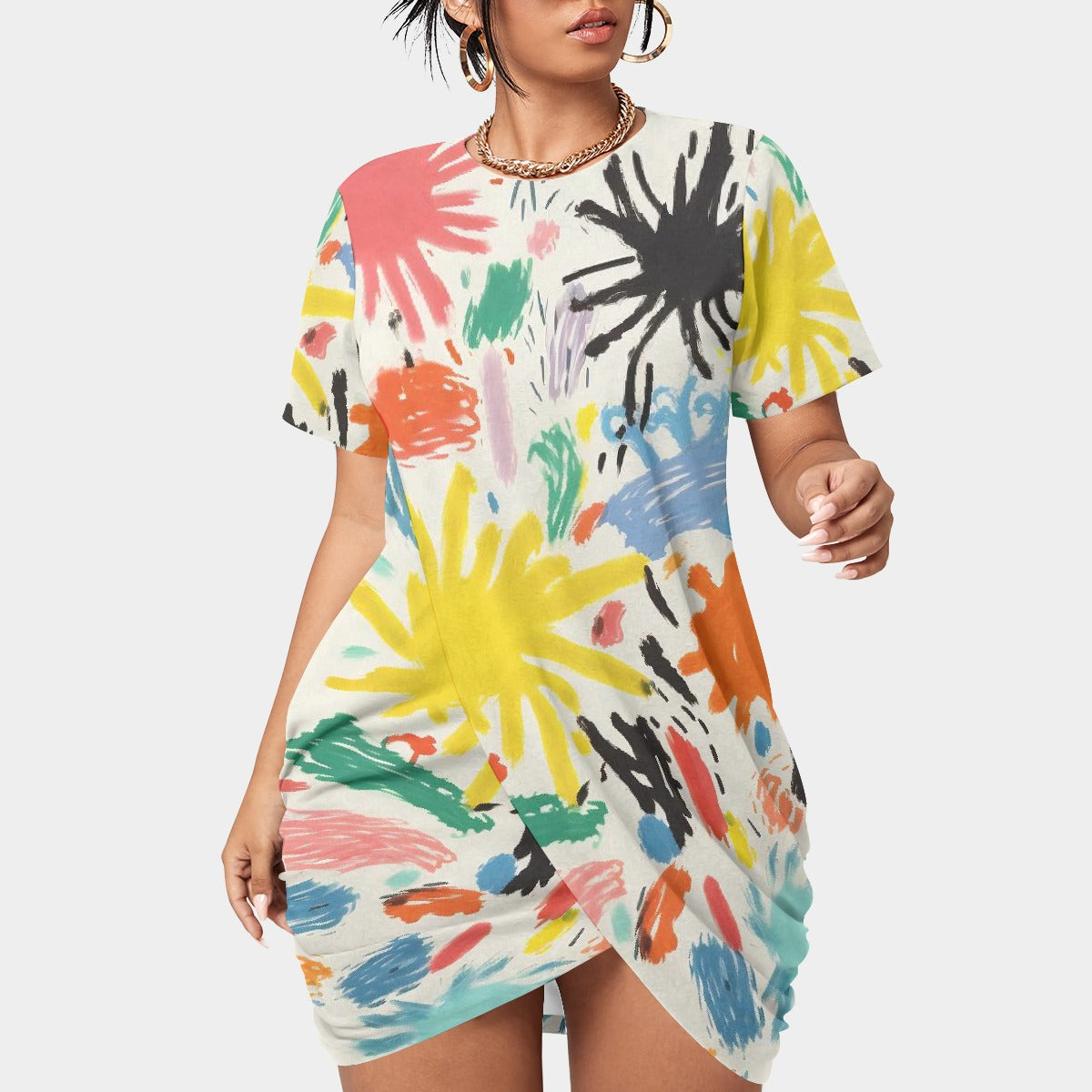 All-Over Print Women’s Stacked Hem Dress With Short Sleeve（Plus Size）