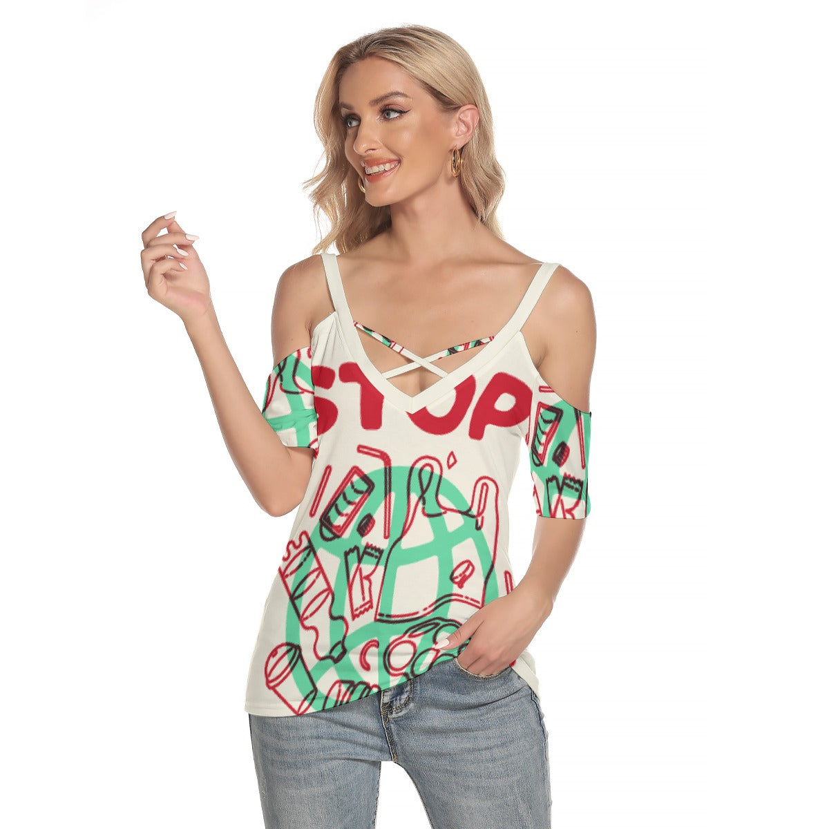 All-Over Print Women's Cold Shoulder T-shirt With Criss Cross Strips