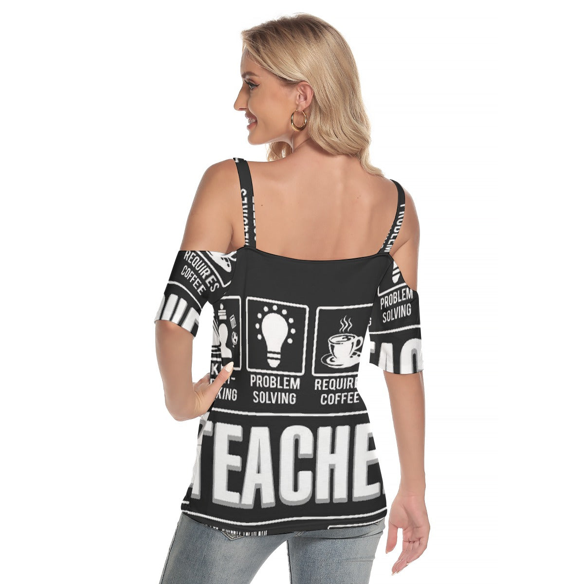 All-Over Print Women's Cold Shoulder T-shirt With Criss Cross Strips