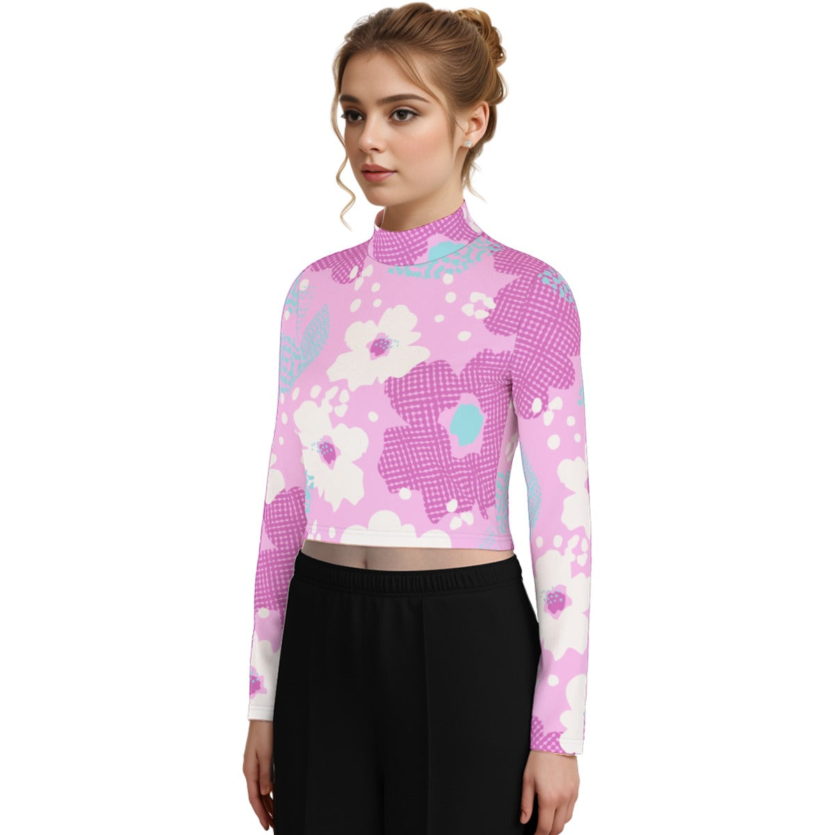 Eco-Friendly All-Over Print Women's Turtleneck T-shirt With Long Sleeve