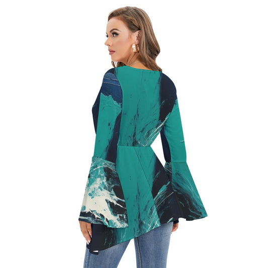 All-Over Print Women's V-neck Blouse With Flared Sleeves