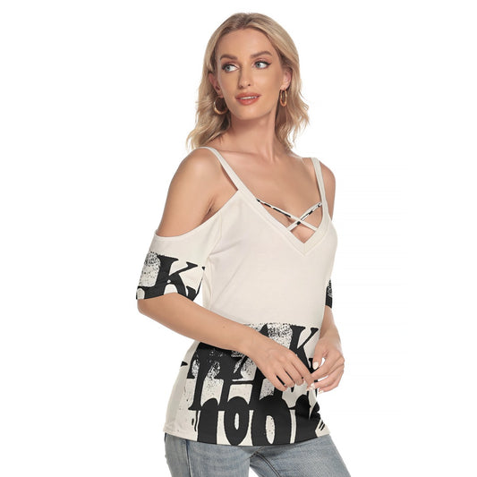 All-Over Print Women's Cold Shoulder T-shirt With Criss Cross Strips