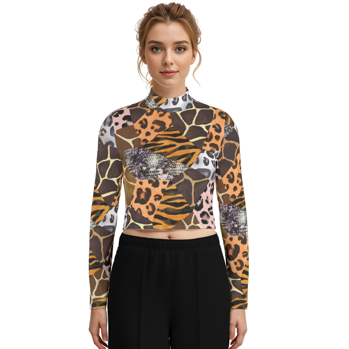 Eco-Friendly All-Over Print Women's Turtleneck T-shirt With Long Sleeve