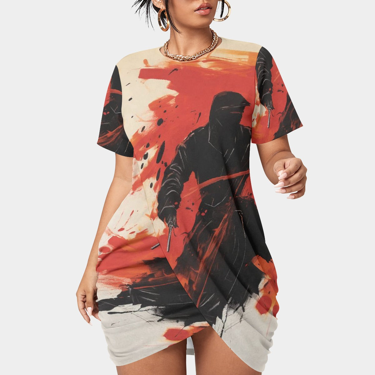 All-Over Print Women’s Stacked Hem Dress With Short Sleeve（Plus Size）