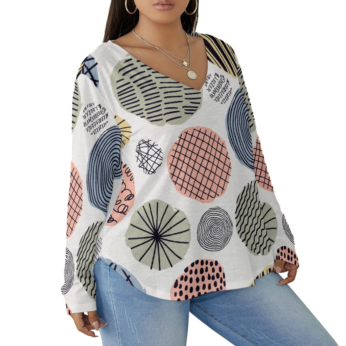 All-Over Print Women's V-neck T-shirt With Curved Hem(Plus Size)