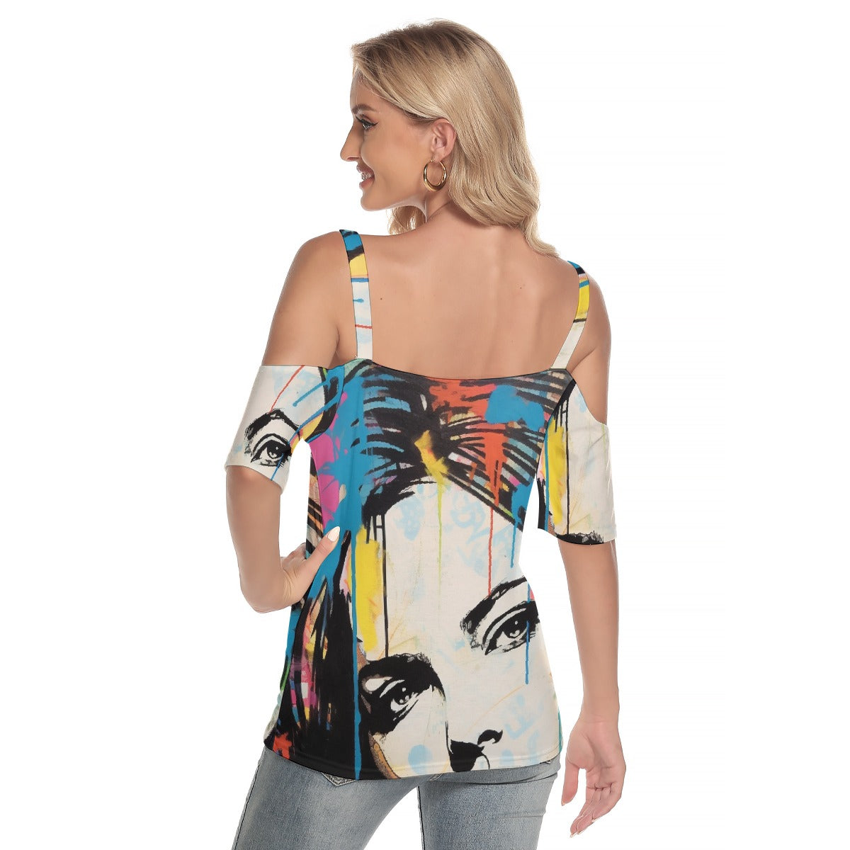 All-Over Print Women's Cold Shoulder T-shirt With Criss Cross Strips