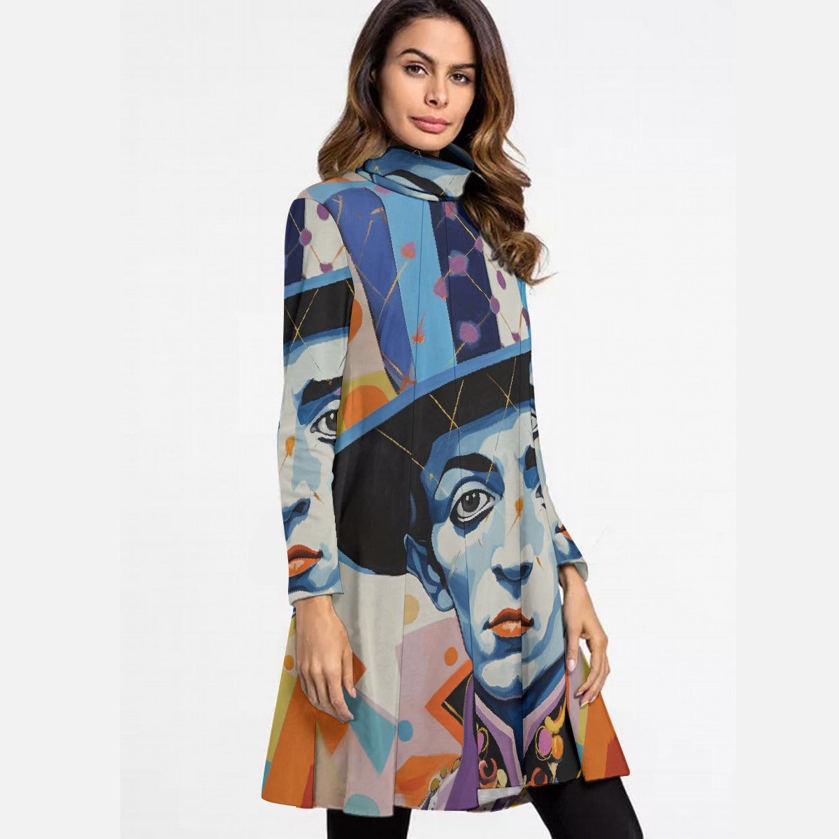 All-Over Print Women's High Neck Dress With Long Sleeve