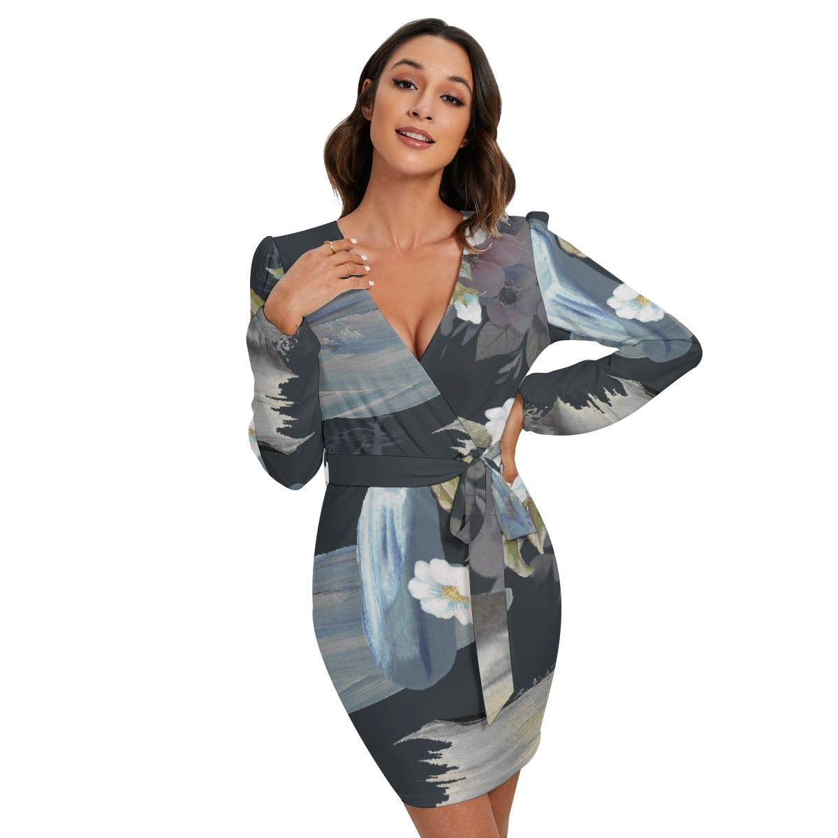 All-Over Print Women's Long Sleeve Dress With Waist Belt