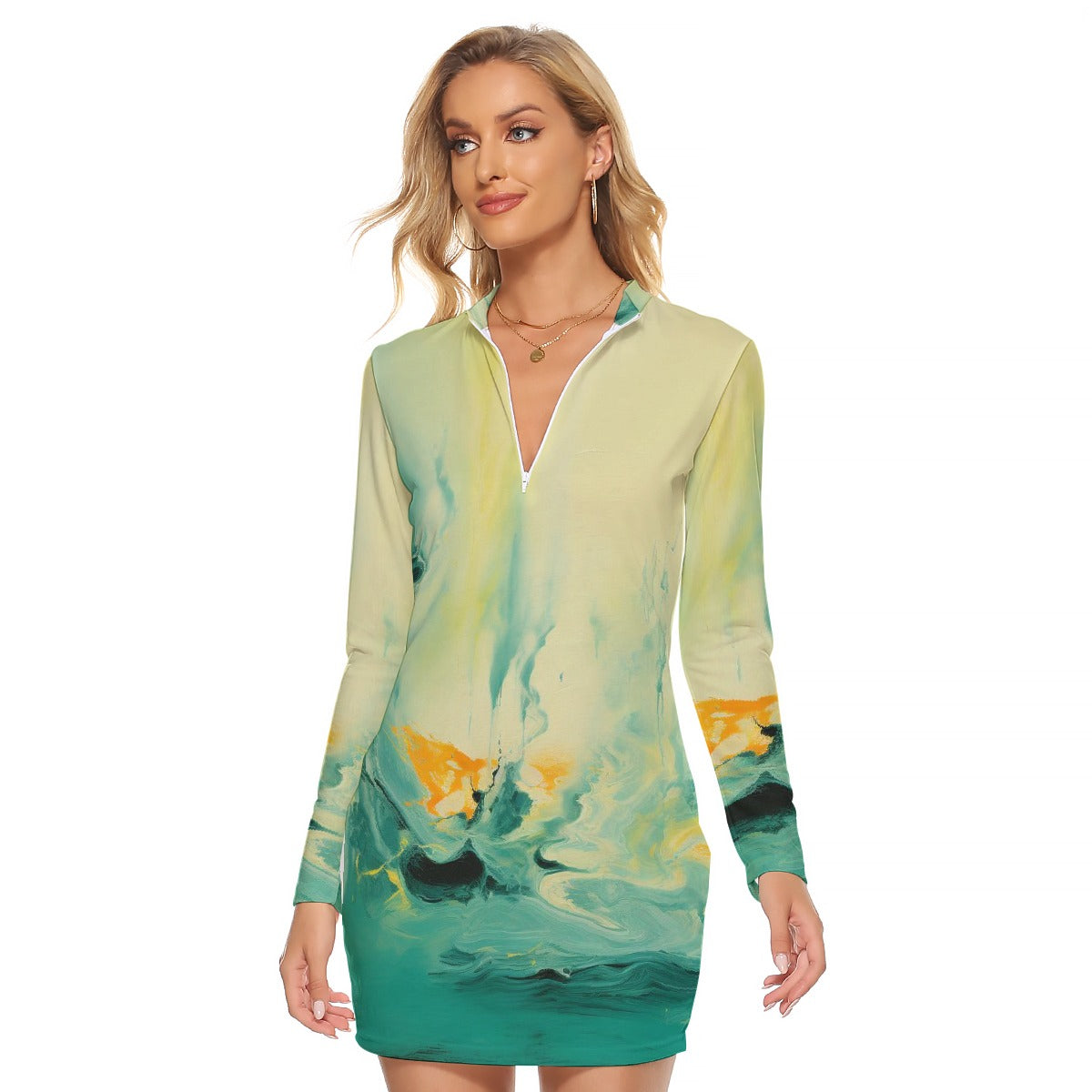 All-Over Print Women's Zip Front Tight Dress