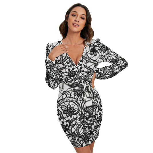 All-Over Print Women's Long Sleeve Dress With Waist Belt