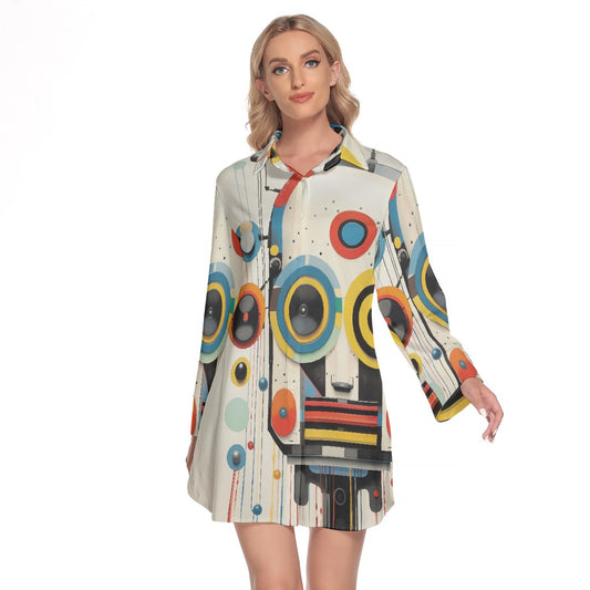 All-Over Print Women's Lapel Shirt Dress With Long Sleeve