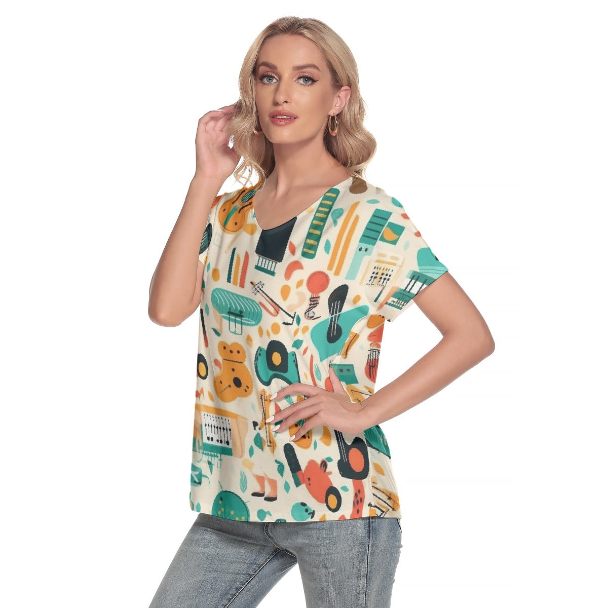 All-Over Print Women's Loose V-neck Short Sleeve T-shirt